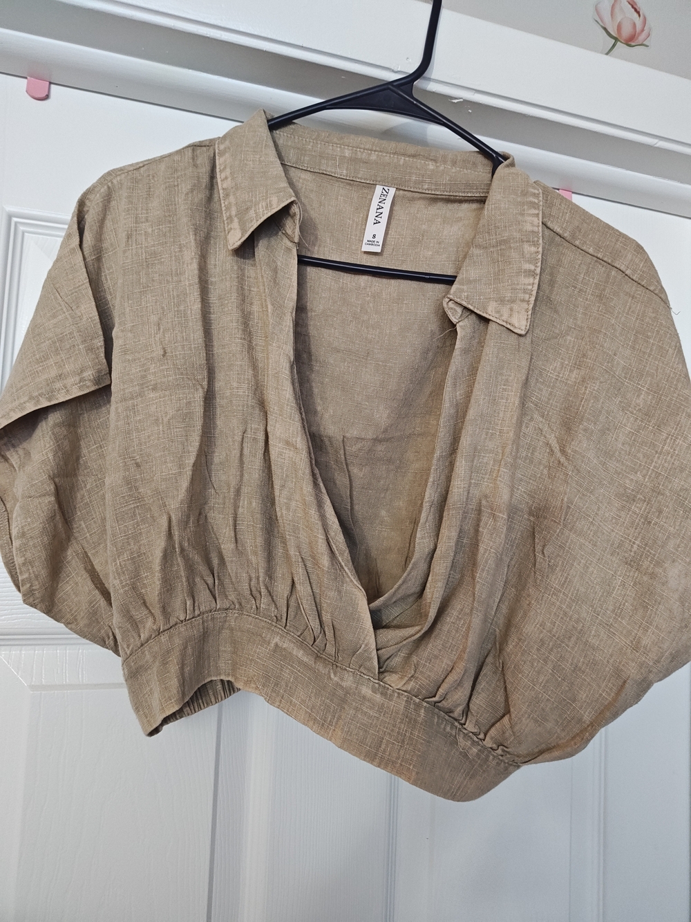 Zenana Outfitters Taupe Cropped Draped V-Neck Top